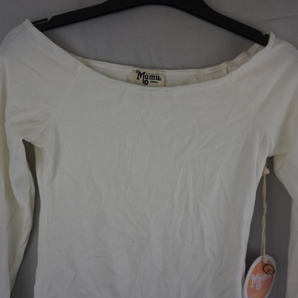 SHOW ME YOUR MUMU WHITE RIBBED LONG SLEEVE OFF THE SHOULDER CROP TOP Small - Picture 2 of 5